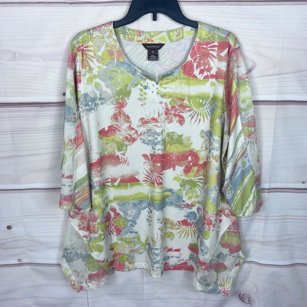 Multiples Top Womens PXL Green Orange Floral Tunic Artsy Mesh Panels V-Neck Knit
